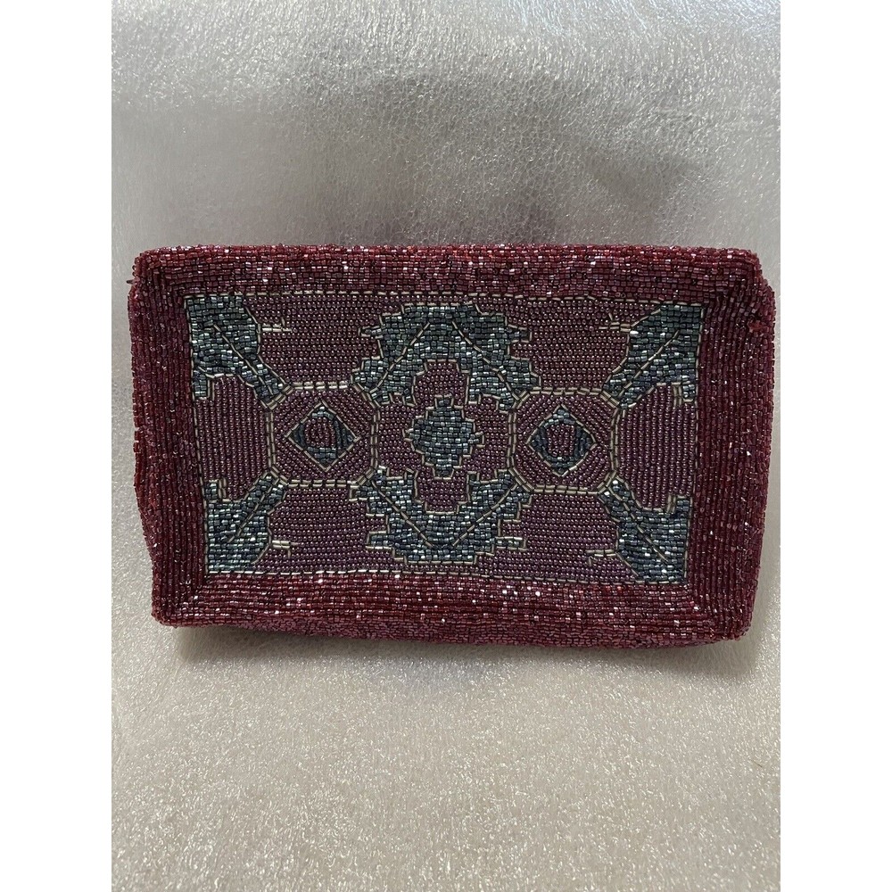 Vintage Clutch Bag by Genie of Korea Hand Beaded Red Pink Green Beads. Handbag